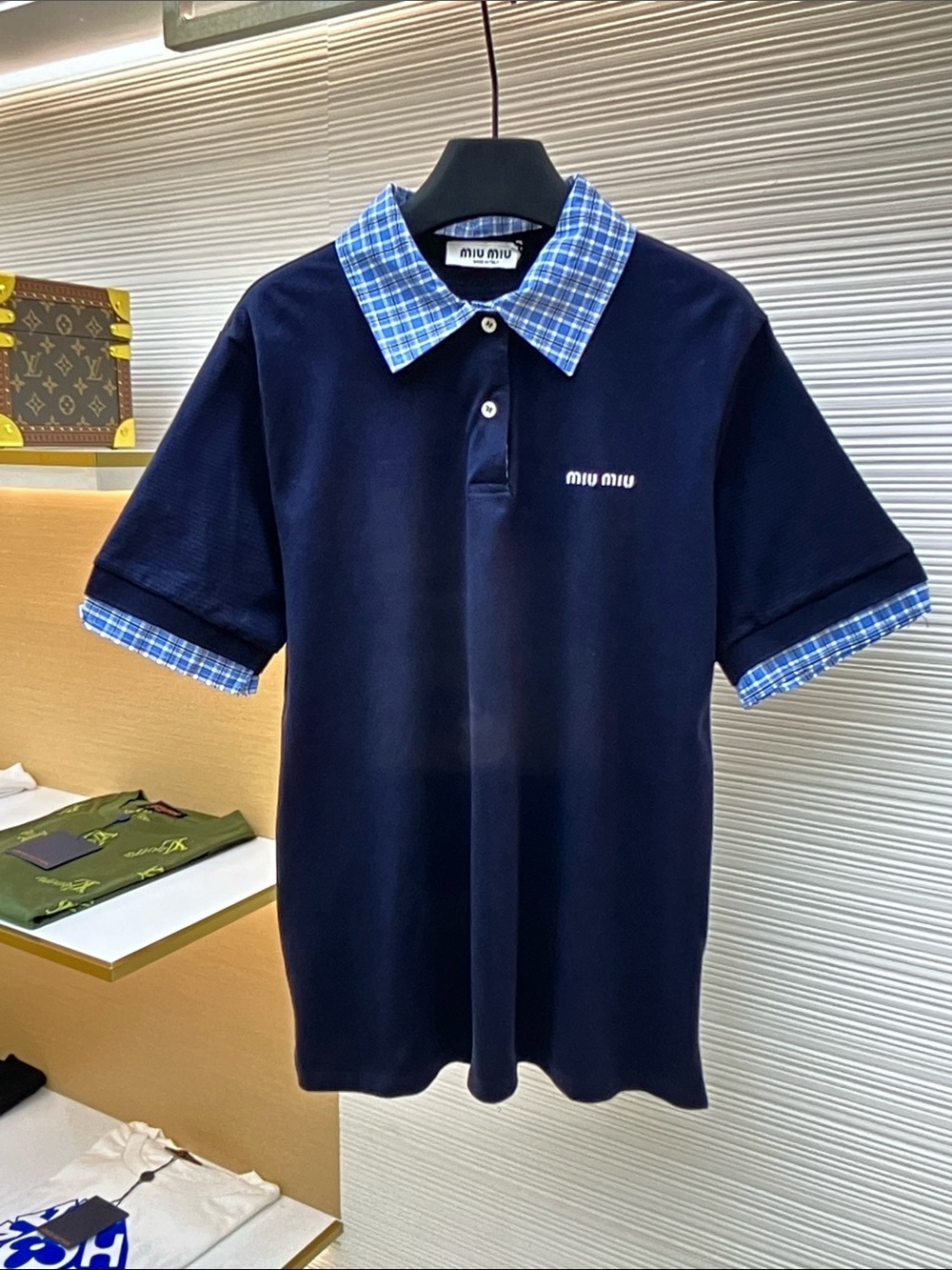 Miu Miu Navy Polo with Blue Plaid Collar and Cuff